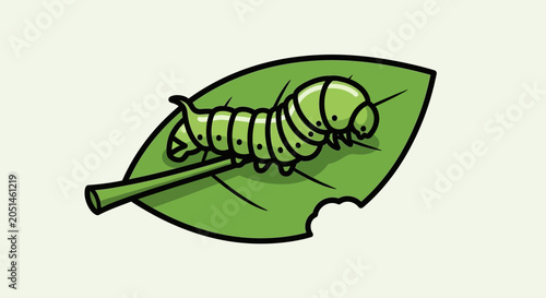 Cute green caterpillar eating a leaf, cartoon style illustration