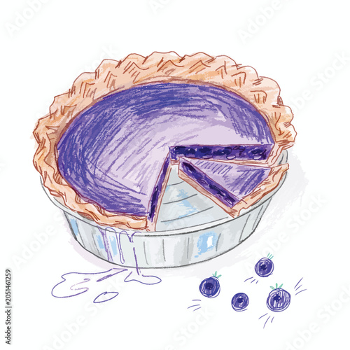 Hand drawn illustration of a fresh blueberry pie with a slice removed.