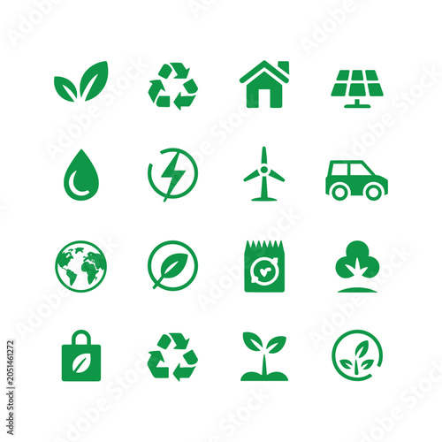 Green ecology icon set with 16 vector symbols, sustainable energy and recycling signs, environmental conservation elements for web design