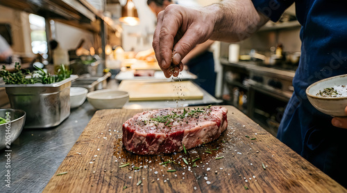 Chef seasoning beef steak on cutting board