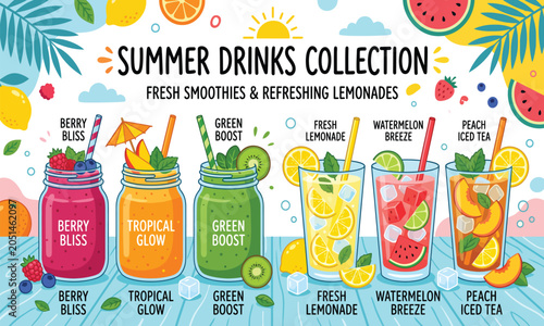 фотографія Summer drinks collection with fresh smoothies and lemonades