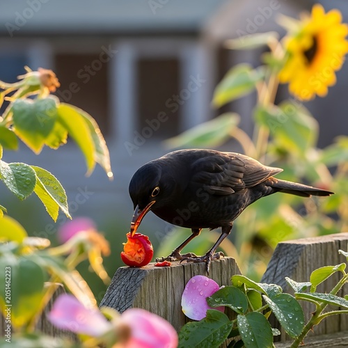 Black bird perched on blooming flowers in garden.