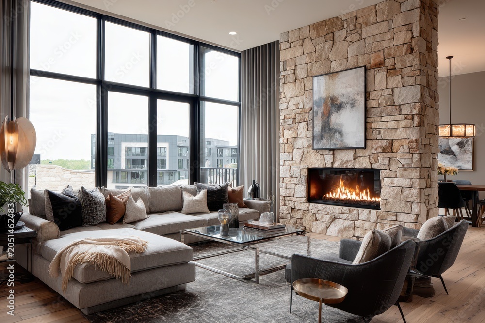 Fototapeta premium Contemporary upscale living area with a stone fireplace and a wall of windows revealing an outdoorsy view