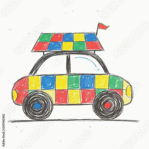Colorful hand drawn doodle illustration of a toy car with checkered pattern.