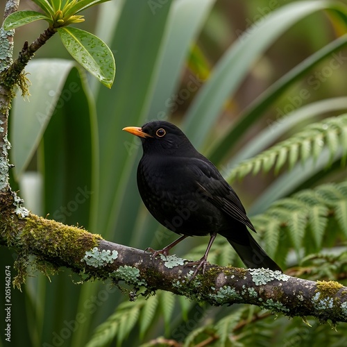 Black bird perched on mossy tree bark.