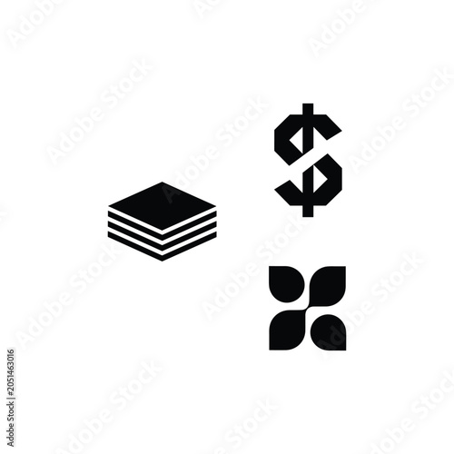 Minimalist black icon set, geometric dollar sign and layered stack vector, abstract floral symbol for corporate branding and financial apps