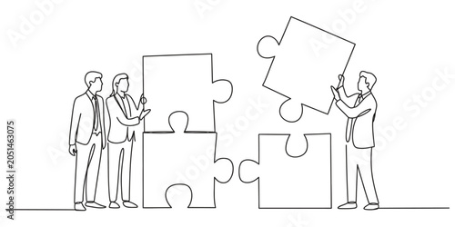 Obraz na płótnie Business team solving a puzzle together as a continuous line drawing