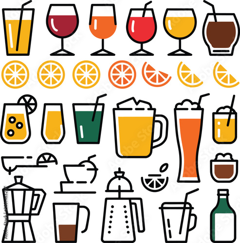 Foto Alcoholic and non alcoholic beverages set flat design vector illustration