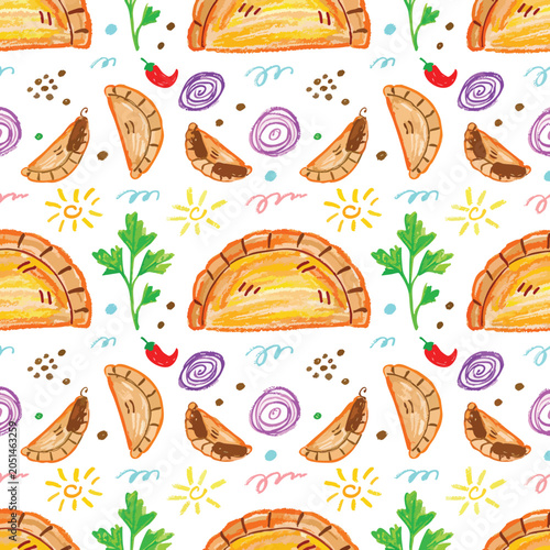 Seamless Pattern of Hand Drawn Empanadas with Ingredients.