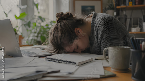 Exhausted student slumped over a desk filled with papers and books, overwhelmed by studies.