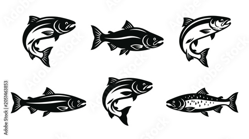 different black salmon silhouettes on a clean white background, minimalist vector style.