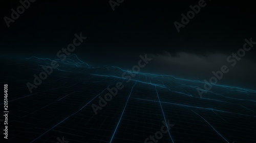 Spacetime fabric curvature grid forming a blue neon wormhole or black hole on black background