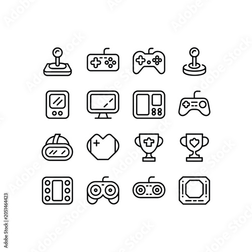 Retro gaming line icons set, 16 video game controller and console vector symbols, minimalist gaming hardware and esports trophy collection