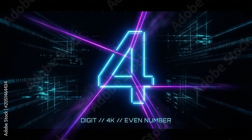 Number Set 4 modern digital. Laser ray appears on black background and zoom out