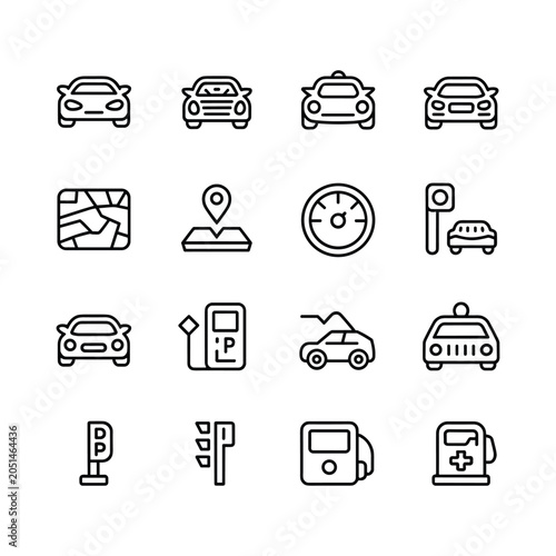 Minimalist car and transportation line icons, set of 16 automotive vector symbols, modern vehicle navigation and traffic signs for mobile app UI design