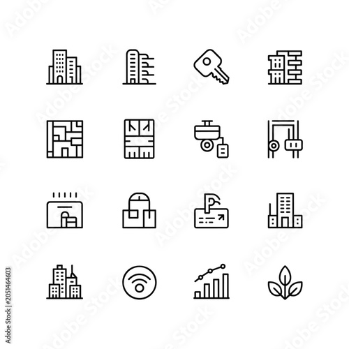Real estate and smart building line icons, 16 property management vector symbols. Modern apartment architecture, security surveillance and home automation set.