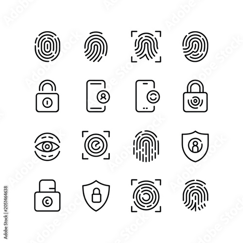 Biometric security line icons, set of 16 fingerprint and digital authentication vector symbols, cyber safety and data protection outline graphics