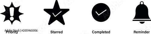 Four black glyph icons representing task management and notifications
