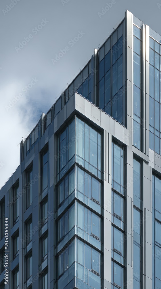 Obraz premium Modern architectural building corner with glass windows against a cloudy sky backdrop