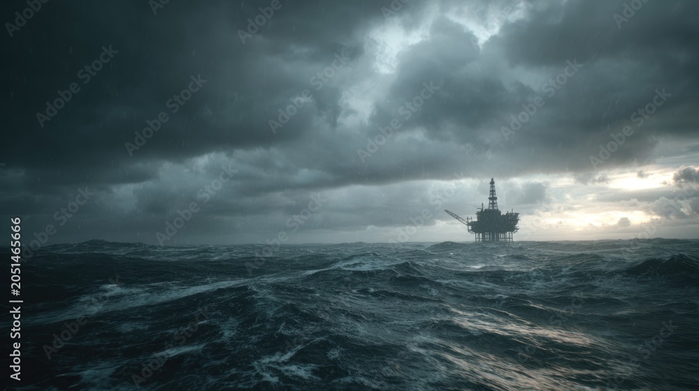 Fototapeta premium Offshore oil platform silhouetted by turbulent ocean and dramatic cloudy sky