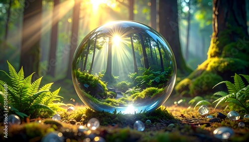 A crystal ball sits on forest floor reflecting trees and sunlight