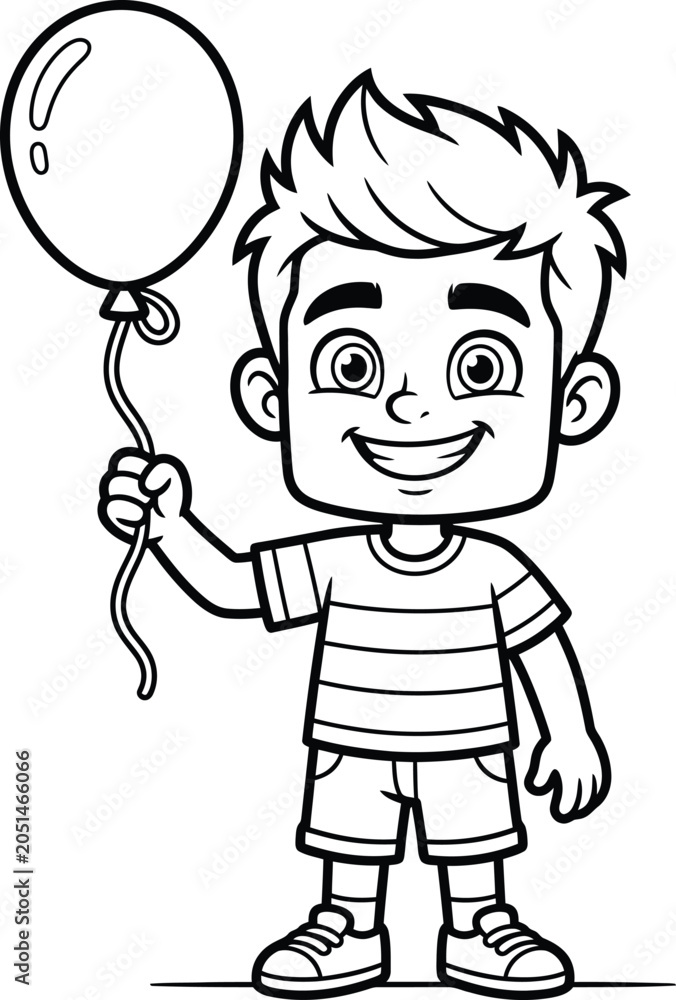 Fototapeta premium A cheerful young boy with a happy expression standing and holding a single round balloon for a coloring activity.