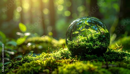 A crystal ball sits on green moss in a forest