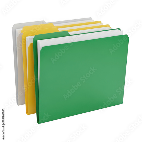 Three green folder icons stacked on top of each other isolated on transparent background