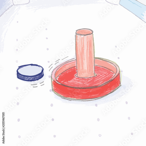 Hand drawn illustration of an air hockey mallet and puck.