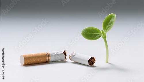 Broken cigarette and green sprout symbolizing health and renewal  