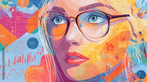 Colorful pixel art portrait of a woman wearing glasses