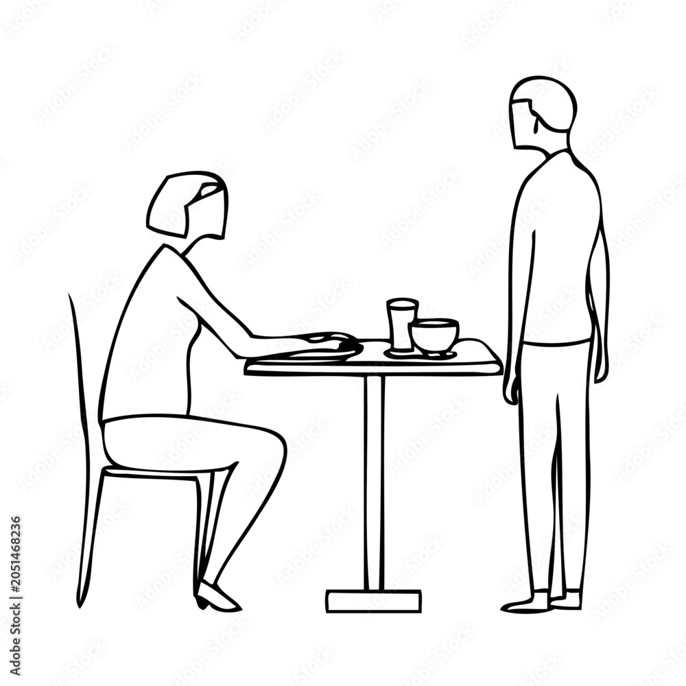 Fototapeta premium Woman Serving Coffee to Standing Man in Minimalist Line Art Style