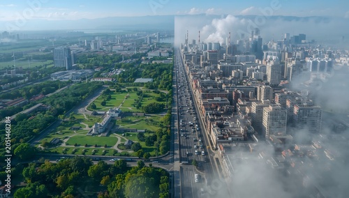 Aerial cityscape split in half showing green eco friendly city and polluted industrial area with smog