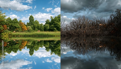 Environmental contrast mirror reflection of vibrant forest and dead trees