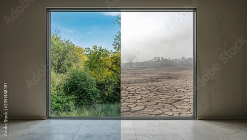Modern window frame showing climate change contrast with lush forest and cracked desert