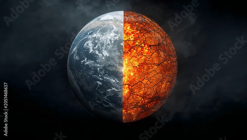 Planet Earth divided in half showing healthy world and burning cracked desert