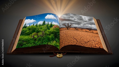 Open vintage book displaying contrast of lush forest and cracked desert land