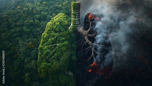 Conceptual split image of giant human lungs made of green forest and wildfire smoke