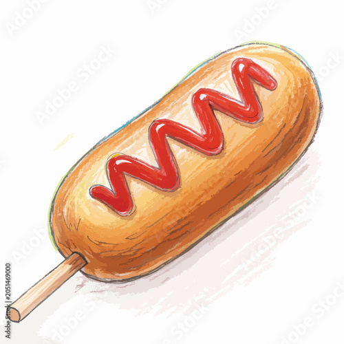 A hand drawn illustration of a crispy golden corn dog on a wooden stick with a zig zag line of red ketchup topping.