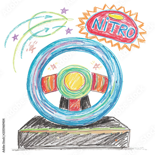 Colorful crayon drawing of a steering wheel with nitro boost.