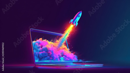 Neon pixel art rocket launching from a laptop screen