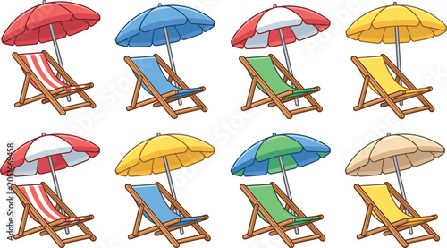 Fotografia Beach chairs and umbrellas set, cute cartoon lounge chaise collection vector ill
