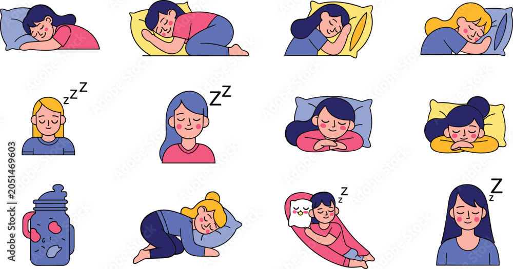 Fototapeta premium Sleeping People and Bedtime Routine Vector Set Isolated on White Background