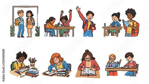 Schilderij op canvas School Days: A lively montage depicts students engaged in various classroom activities, from attentive listening and eager participation to diligent study and creative learning