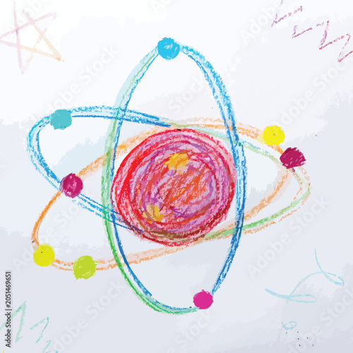 A colorful hand drawn wax crayon illustration of an atom model.