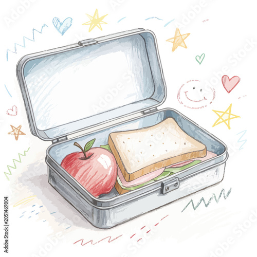 Open metallic lunch box with sandwich and fresh red apple.