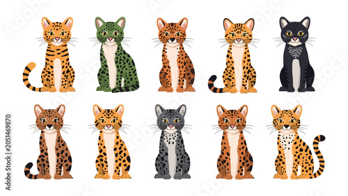Photography Feline Friends Collection: A vibrant display of ten unique cartoon cats, each with distinctive fur patterns and colors, sitting attentively