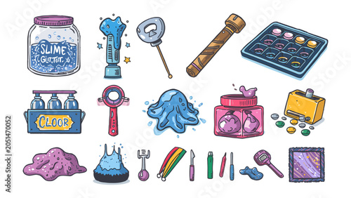 Fotografia Creative Slime Making Kit: A colorful collection of supplies for making DIY slime, including jars, tools, and glitter, perfect for a fun crafting activity