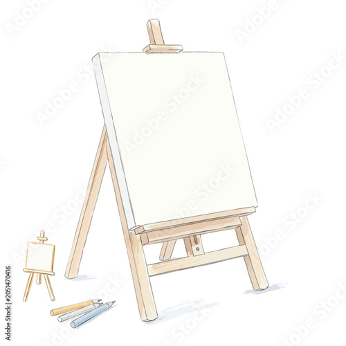 Wooden artists easel with blank canvas and painting tools illustration.