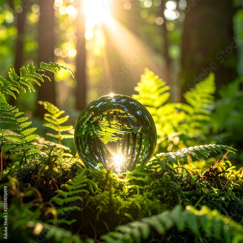 A crystal ball sits on mossy forest floor surrounded by ferns